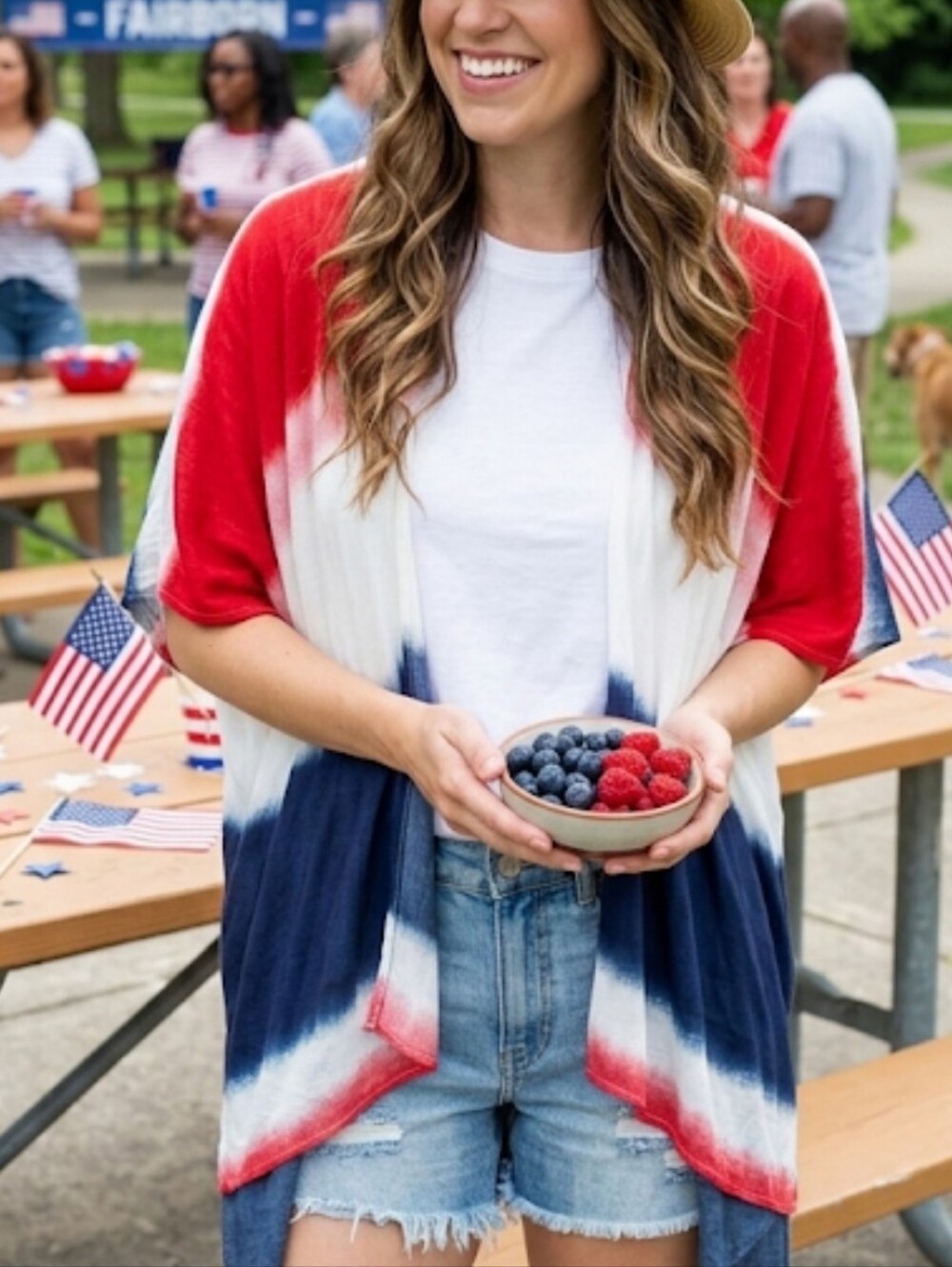 Maurices Red White and Blue Open Front Tie-Dye Kimono